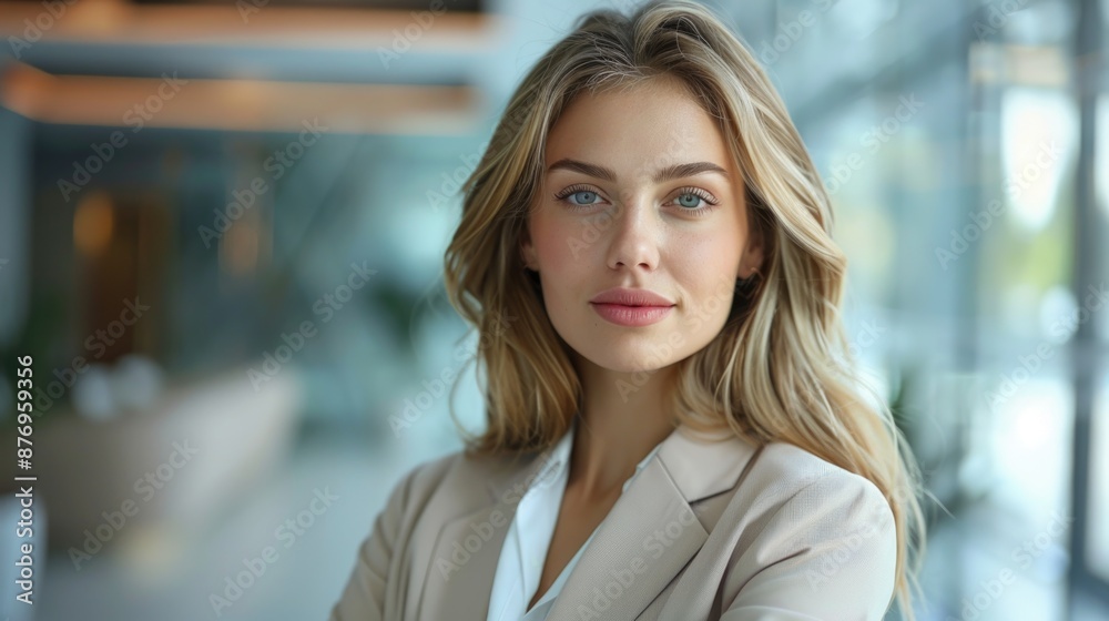 Businesswoman looking towards camera standing in office blurred background Businesswoman looking towards camera standing in office blurred background