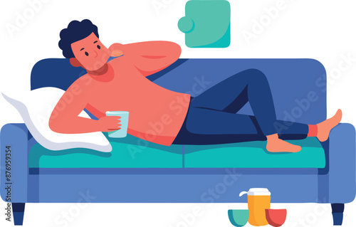 Man Relaxing on Couch with Coffee at Home