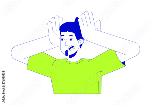 Shocked european male clutching head 2D linear cartoon character. Caucasian guy with panic attack isolated line vector person white background. Dealing with stress color flat spot illustration