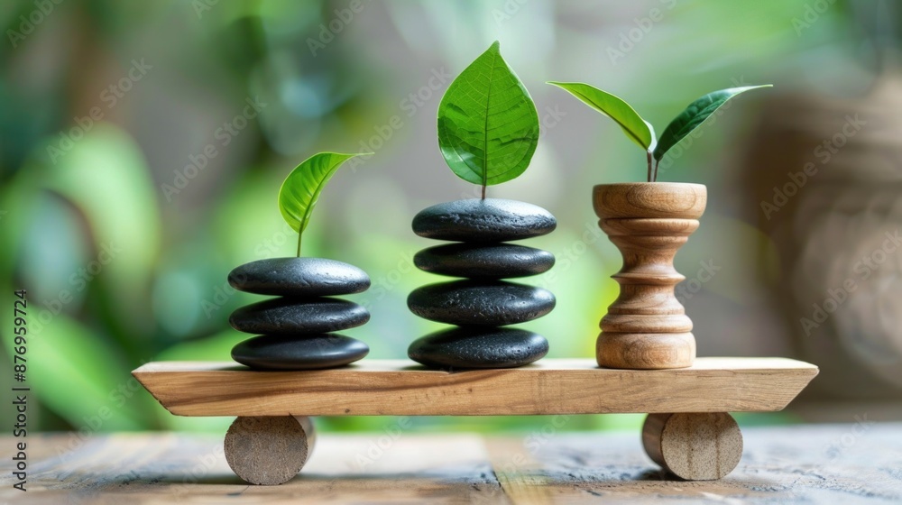 Stone stack zen with wooden little table plant growth concept Stone stack zen with wooden little table plant growth concept