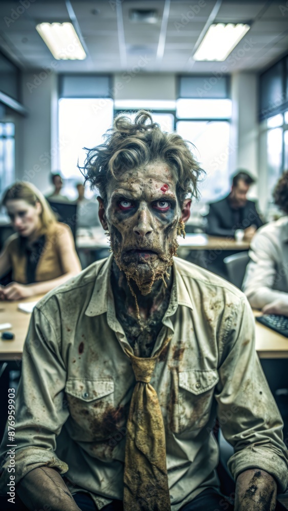 Fototapeta premium A zombie with decayed skin and tattered clothing sits in an office environment.