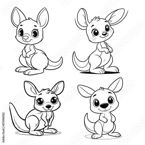 Set of Cute Vector Illustration of a Baby Kangaroo for Coloring Page and Animal for Stickers, Prints for Clothes, Baby Shower.