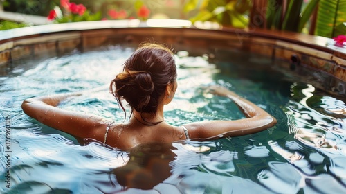 A tranquil outdoor setting showcasing a woman unwinding in a serene hot tub, surrounded by lush greenery and vibrant flowers, promoting relaxation and peace. photo