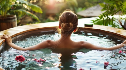 Peaceful and aesthetic image showing a woman enjoying a serene moment in a hot tub, surrounded by lush greenery and flowers, embodying relaxation and wellness. photo