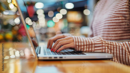 close up image of hand working and typing on laptop, computer keyboard on wood table, at cafe or coffee shop 