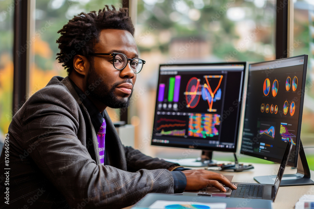 Professional working at a desk with multiple monitors analyzing data and graphs in a modern office. Professional working at a desk with multiple monitors analyzing data and graphs in a modern office.