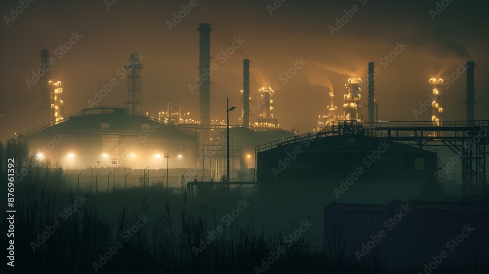 Fototapeta premium Energy Sector Scene Featuring Large Refinery Buildings, Emission Towers, And Foggy Illumination For Industrial-Themed Applications