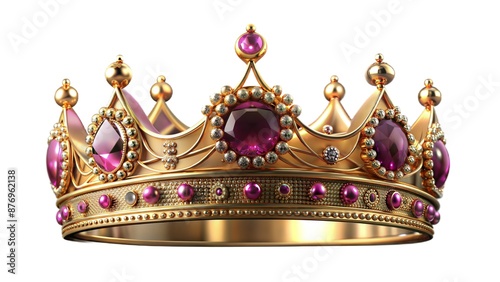 Elegant golden crown adorned with pink gemstones and diamonds in 3D illustration