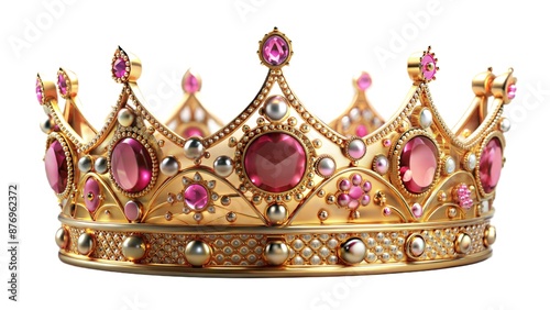 Elegant golden crown adorned with pink gemstones and diamonds in 3D illustration