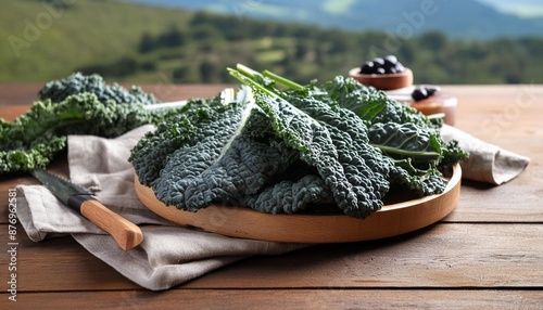 kale cabbage tuscan or black kale on wooden table winter cabbage known as italian kale or lacinato cut for salad soup organic cabbage mediterranean food ingredient in italian turkish cuisine photo