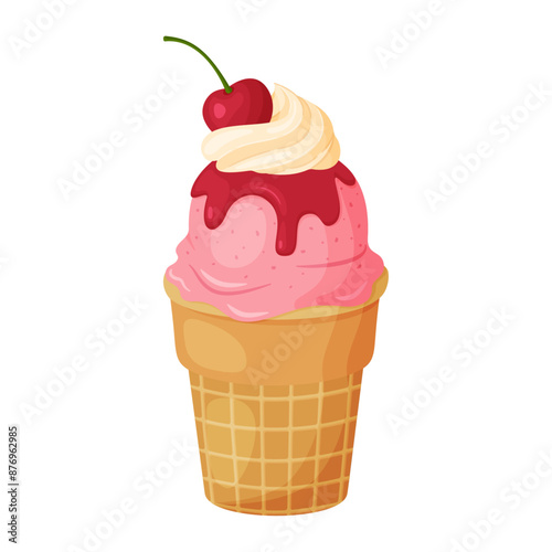 Cherry Ice Cream with whipped cream and syrup in waffle cup. Ripe berry Cool refreshing dessert Hand drawn flat style isolated cheerful and summery appearance. Vector illustration