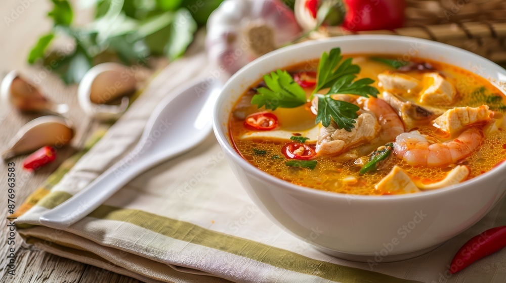 Food banner with bowl of traditional Thai Tom Yum Food banner with bowl of traditional Thai Tom Yum