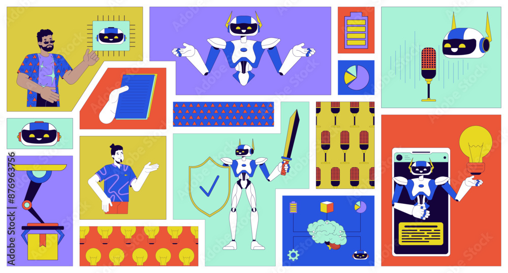 AI technologies bento grid illustration set. Intelligence artificial 2D vector image collage design graphics collection. Diverse engineers. Robotics android robots flat characters moodboard layout AI technologies bento grid illustration set. Intelligence artificial 2D vector image collage design graphics collection. Diverse engineers. Robotics android robots flat characters moodboard layout