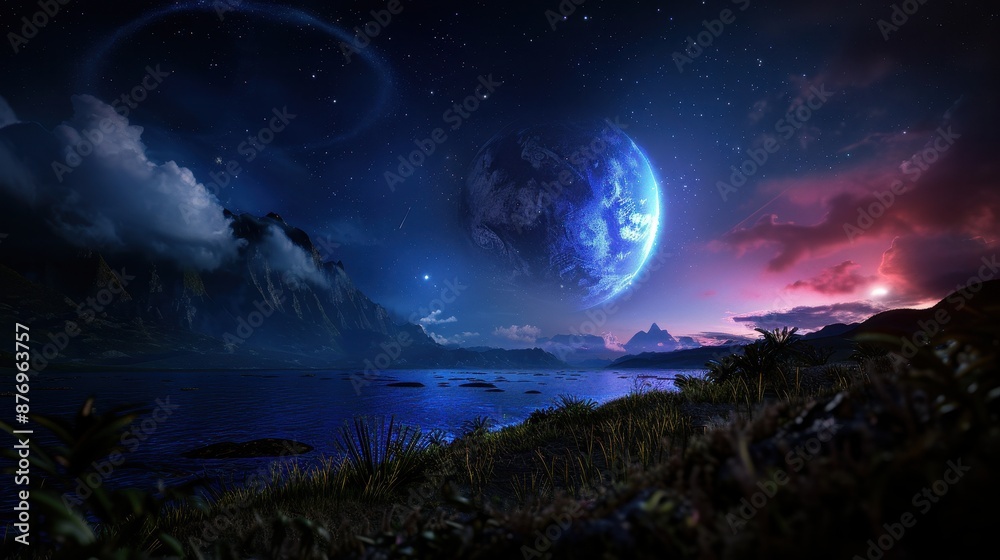 Stunning Sci-Fi Landscape with Alien Planet and Starry Night Sky Over an Ocean Stunning Sci-Fi Landscape with Alien Planet and Starry Night Sky Over an Ocean