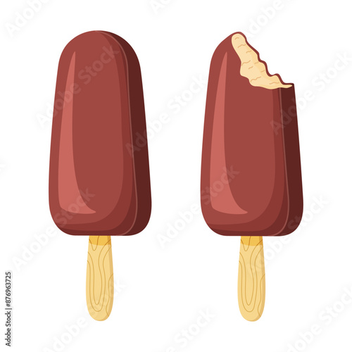 Whole and bitten Chocolate ice cream on a stick. Delicious dessert Cool refreshing dessert. Hand drawn flat style cheerful and summery appearance, whipped frozen chocolate cream. Vector illustration 