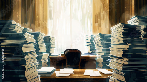 Woman sitting in courtroom, surrounded by towering stacks of legal documents, legal proceedings, legal system, justice system, legal bureaucracy, legal paperwork, courtroom drama
