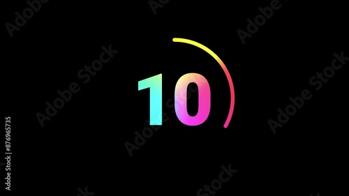 Fifteen second (15-0) digital countdown timer clock rainbow color with rotating circle design, transparent background 