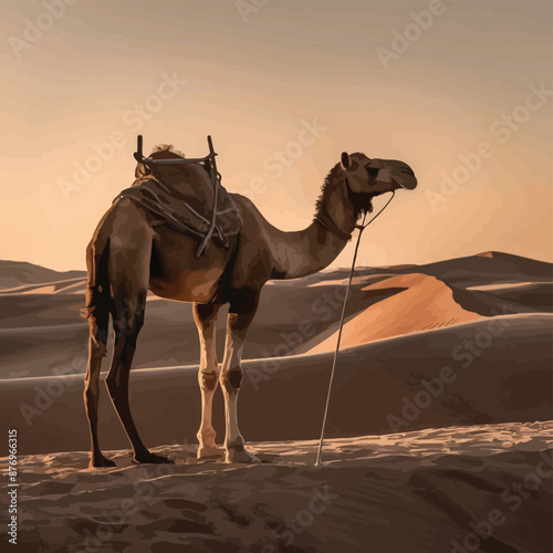 A camel standing on top of a dune, looking over the vast expanse of the Sahara Desert
