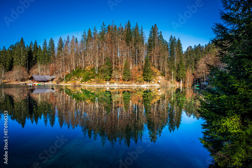 Morning in the Fusine lakes valley. Autumn reflections.