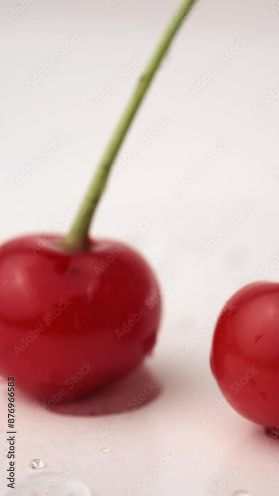 Vertical video of two red ripe cherries covered with drops water. Rotating cherry harvest. Organic summer food concept. Pile of fresh ripe cherries. Freshly picked cherries Vertical video of two red ripe cherries covered with drops water. Rotating cherry harvest. Organic summer food concept. Pile of fresh ripe cherries. Freshly picked cherries