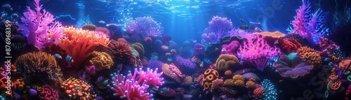Fantasy coral reef, neon colors, bioluminescent fish, surreal underwater world, glowing sea plants, high resolution