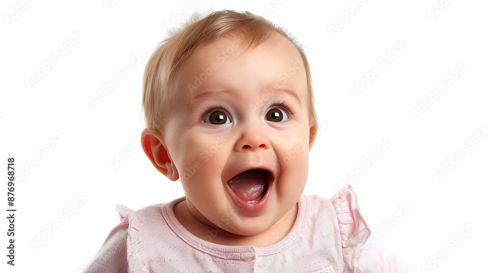 A cute baby's delighted expression against a white backdrop, capturing the joy of discovery A cute baby's delighted expression against a white backdrop, capturing the joy of discovery
