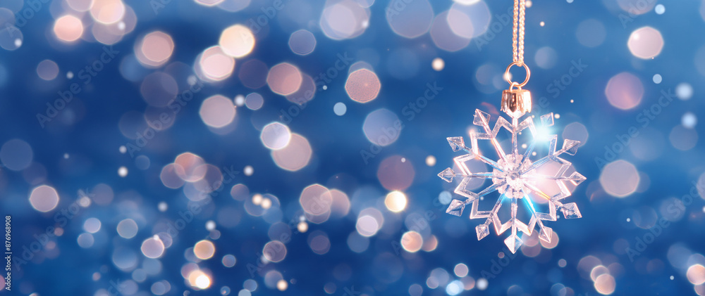 Hanging snowflake ornament with bokeh lights on a dark blue background. Christmas and New Year festive concept. Template for greeting card, invitation, banner with copy space. Hanging snowflake ornament with bokeh lights on a dark blue background. Christmas and New Year festive concept. Template for greeting card, invitation, banner with copy space.