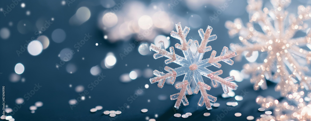 Snowflakes on dark blue background with blurred bokeh lights. Christmas and New Year festive concept. Template for greeting card, invitation, banner with copy space.