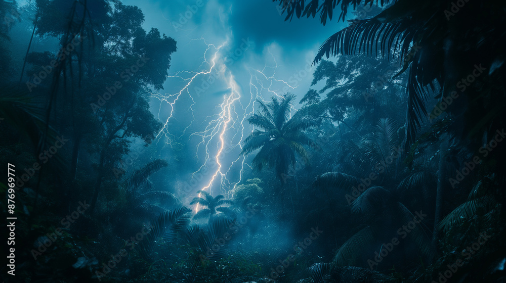 Lightning strikes the middle of a lush forest. Lightning strikes the middle of a lush forest.