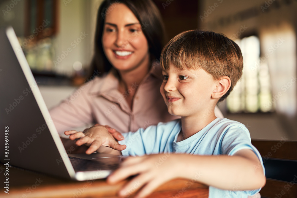 Mother, boy and laptop with help for homework, support and care for preschool, learning and growth. Woman, son and tech for educational games in home for language, math or skill for child development Mother, boy and laptop with help for homework, support and care for preschool, learning and growth. Woman, son and tech for educational games in home for language, math or skill for child development