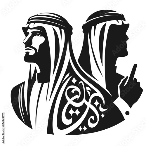 Silhouette vector illustration of a figure wearing traditional Middle Eastern attire, including a keffiyeh (headscarf) and an agal (headband). The design is simple and monochromatic, highlighting the 