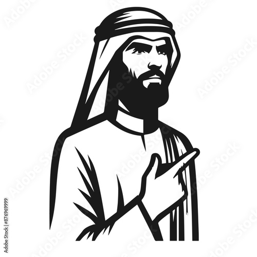Silhouette vector illustration of a figure wearing traditional Middle Eastern attire, including a keffiyeh (headscarf) and an agal (headband). The design is simple and monochromatic, highlighting the 