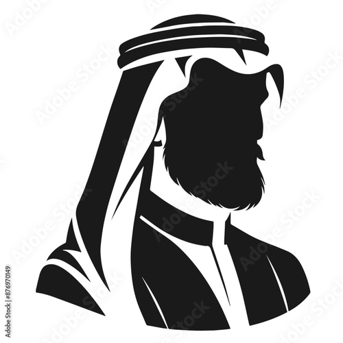 Silhouette vector illustration of a figure wearing traditional Middle Eastern attire, including a keffiyeh (headscarf) and an agal (headband). The design is simple and monochromatic, highlighting the 