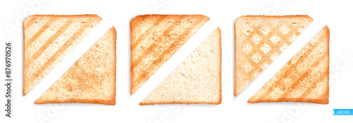 Set of sliced triangular roasted toasts bread isolated on white background.
Pieces of lightly toasted white bread. Close-up of toast. Top view. Realistic vector set