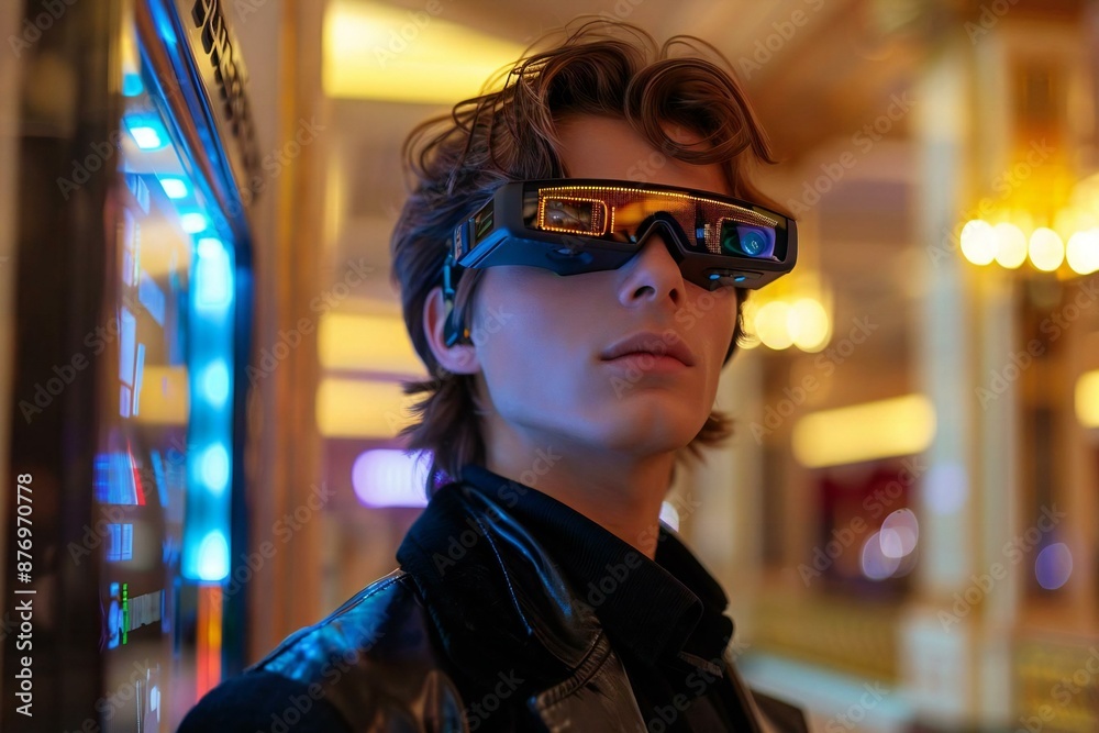 Portrait of a handsome young male valet wearing augmented reality glasses, standing near a holographic valet parking sign in a futuristic hotel setting. Portrait of a handsome young male valet wearing augmented reality glasses, standing near a holographic valet parking sign in a futuristic hotel setting.