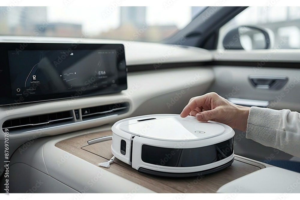Handyman using AI-powered robotic vacuum to clean futuristic car interior with holographic screens and advanced cleaning technology. Handyman using AI-powered robotic vacuum to clean futuristic car interior with holographic screens and advanced cleaning technology.