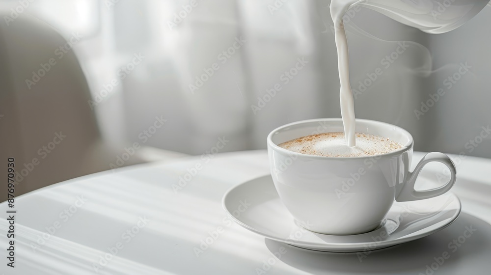 White ceramic coffee cup with a saucer, steam, and milk being poured into it, set on a table with a blurred background, suggesting a tranquil, indoor setting, possibly a cafe or home White ceramic coffee cup with a saucer, steam, and milk being poured into it, set on a table with a blurred background, suggesting a tranquil, indoor setting, possibly a cafe or home