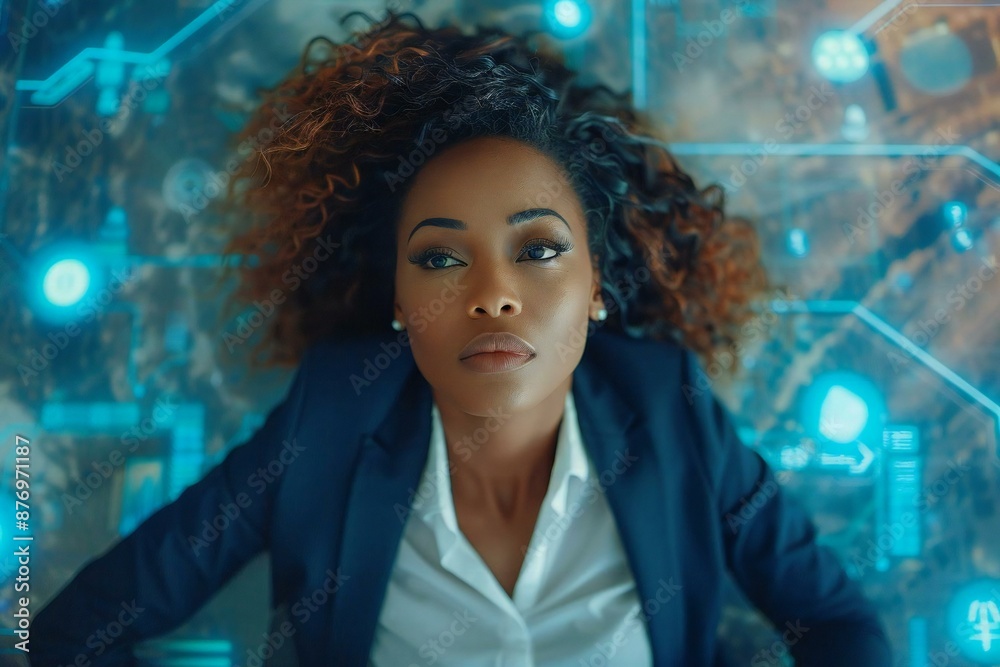 Elevated view of beautiful Afro-American businesswoman with holographic screens displaying AI-generated data in futuristic office setting. Elevated view of beautiful Afro-American businesswoman with holographic screens displaying AI-generated data in futuristic office setting.