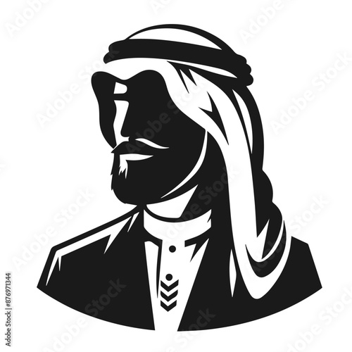 Silhouette vector illustration of a figure wearing traditional Middle Eastern attire, including a keffiyeh (headscarf) and an agal (headband). The design is simple and monochromatic, highlighting the 