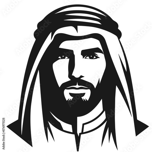 Silhouette vector illustration of a figure wearing traditional Middle Eastern attire, including a keffiyeh (headscarf) and an agal (headband). The design is simple and monochromatic, highlighting the 