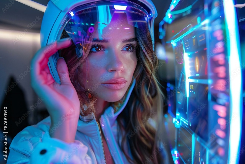 Beautiful woman using futuristic AI smart mirror with holographic screens to track and analyze body composition and progress in real time. Beautiful woman using futuristic AI smart mirror with holographic screens to track and analyze body composition and progress in real time.