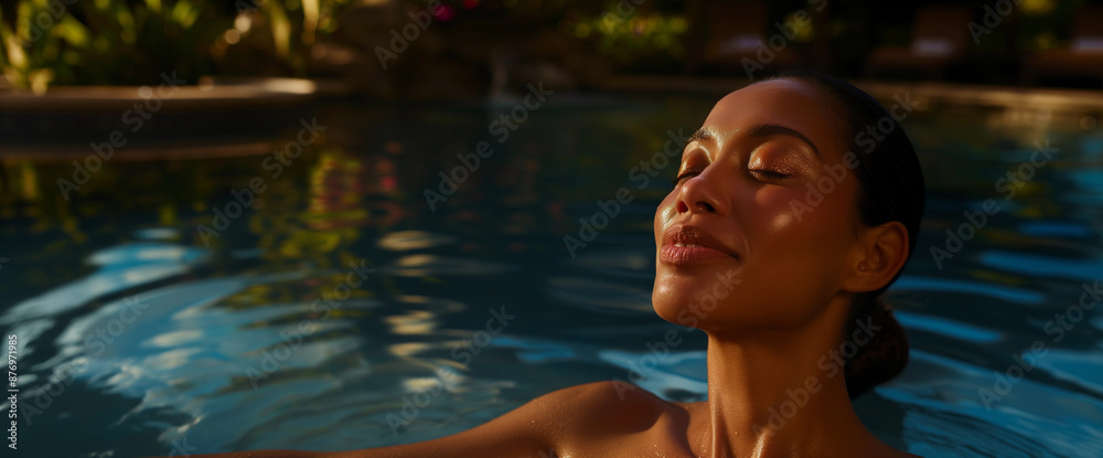 Beautiful black woman relaxing in luxury resort spa pool Beautiful black woman relaxing in luxury resort spa pool