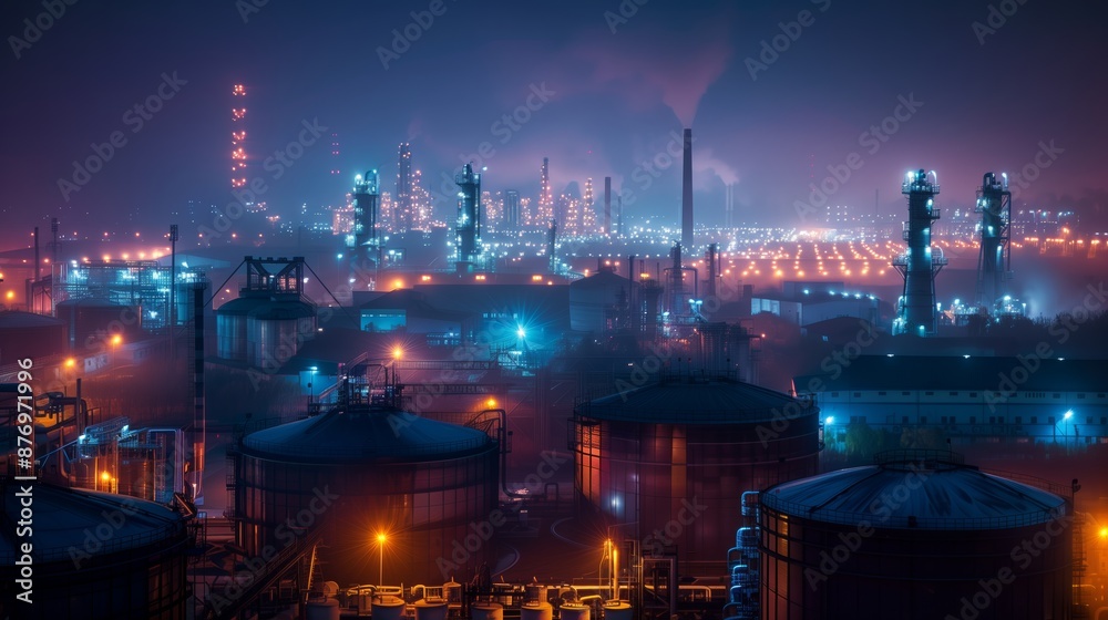 Night View of Industrial Site with Gas Storage Tanks and Oil Tight Lights Night View of Industrial Site with Gas Storage Tanks and Oil Tight Lights