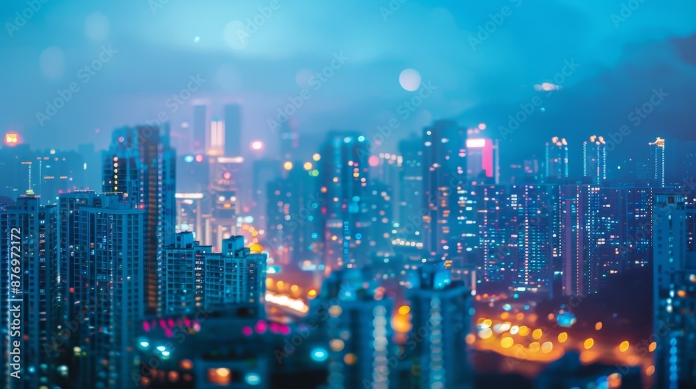 Fototapeta premium Futuristic chongqing cyberpunk cityscape with skyscrapers, blurred mountains, and blue tones