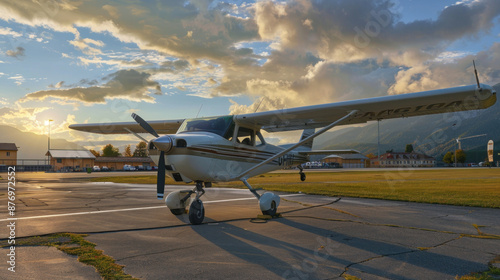 A small, two-passenger plane is parked on the ground at an airfield in Senago, Italy. The plane is being serviced. photo