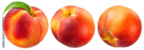 Peach with leaf isolated png. Whole peach collection on transparent background. PNG format. Peach with leaves no background. Full depth of field.