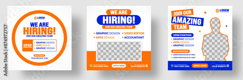 We are hiring job vacancy social media post banner template set. join our amazing team We are hiring job opportunity or Job recruitment social media post Square web banner with blue and orange color.