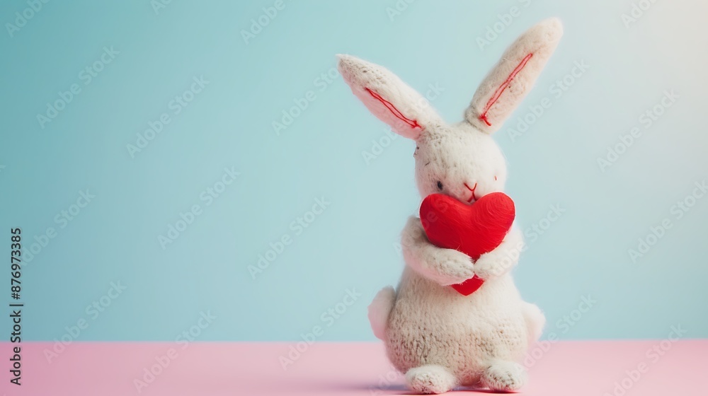 Obraz premium a handmade rabbit holding a red heart on the back isolated on pink and blue background