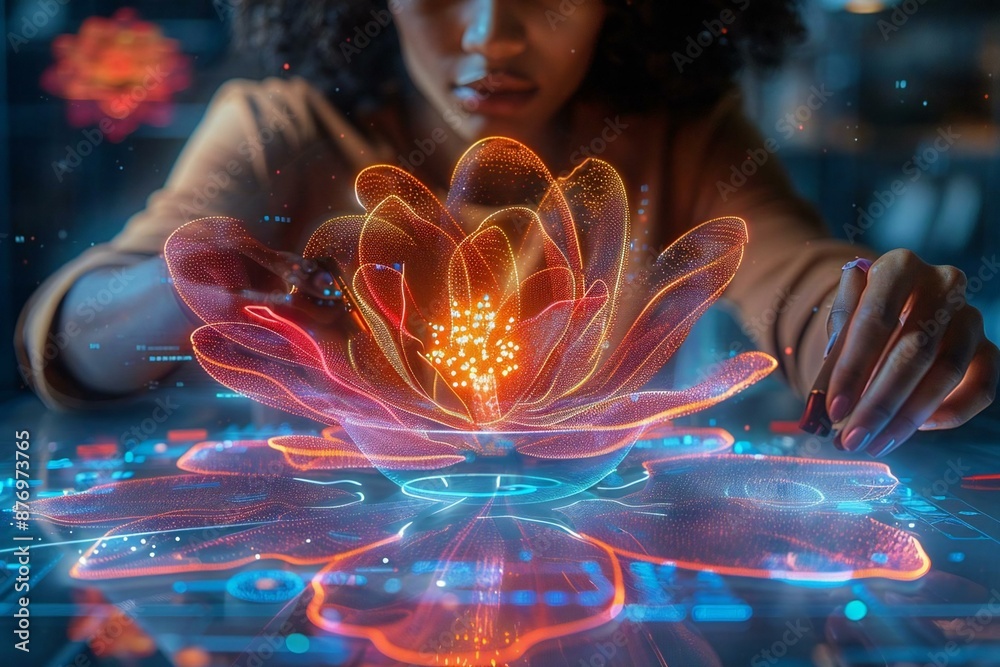 © Yuliia - African female designer creating digital 3D holographic flower using AI technology at futuristic office desk. © Yuliia - African female designer creating digital 3D holographic flower using AI technology at futuristic office desk.