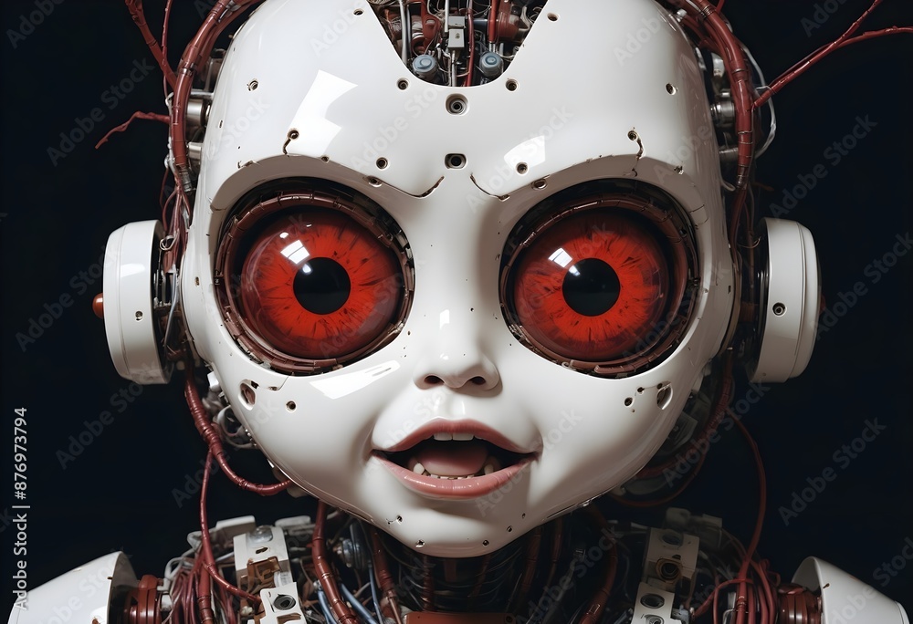 AI-AGI Baby Child Robot with Red Eyes - Futuristic Horror and Concern - AI Dystopian Apocalypse